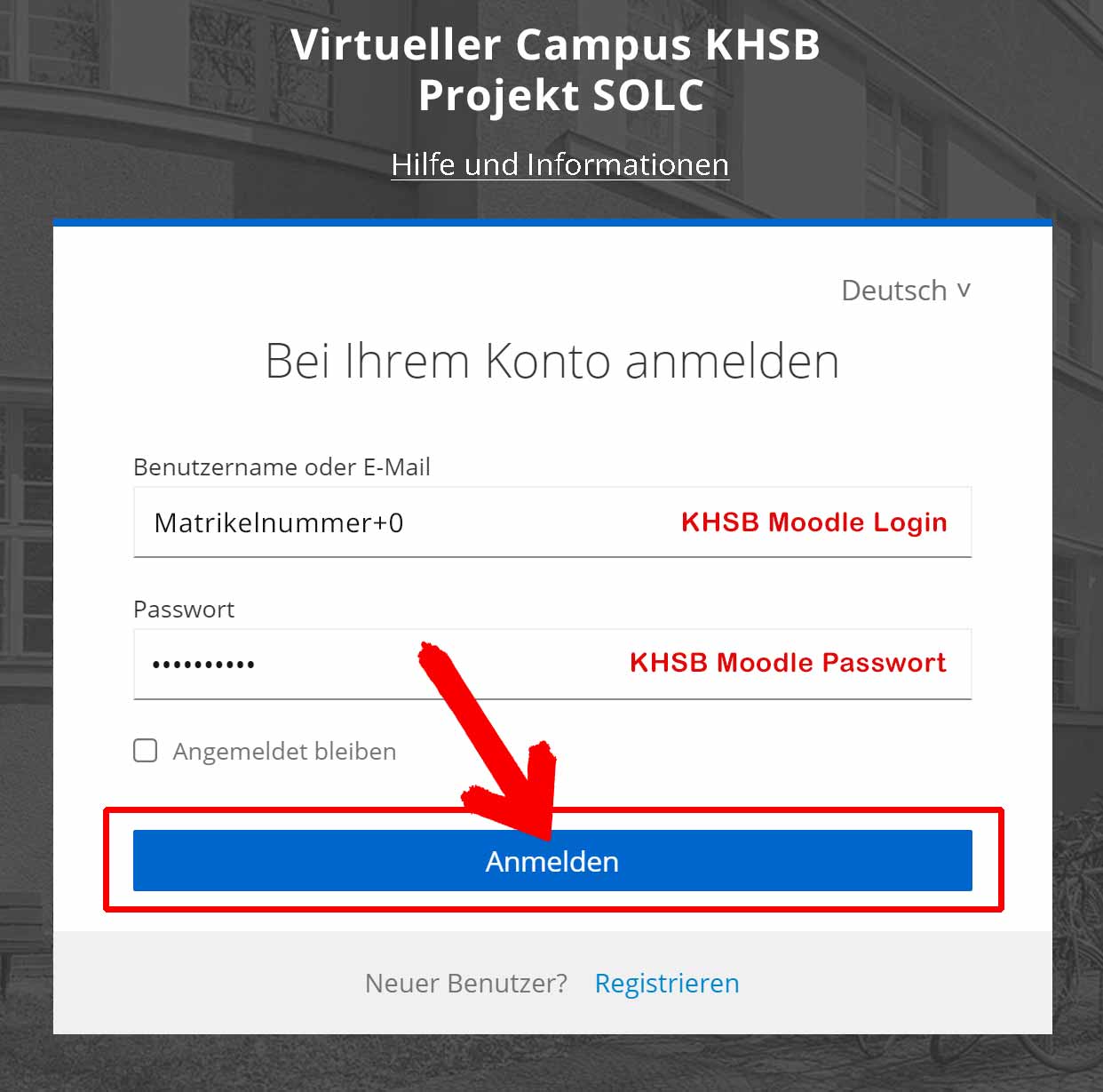 Loginseite mit Beispieldaten des VC unter visit.solc-khsb.de