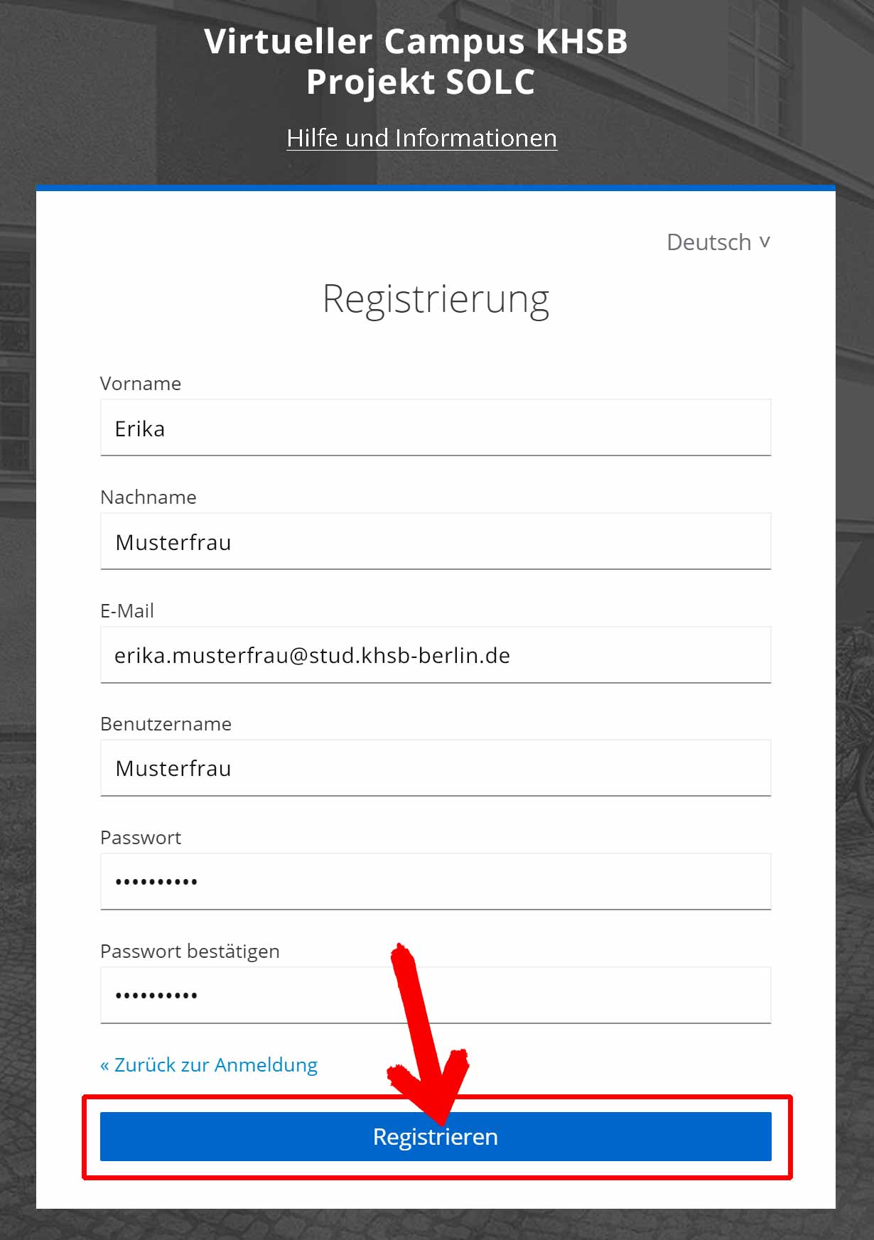 Registrierungsseite mit Beispieldaten des VC auf visit.solc-khsb.de