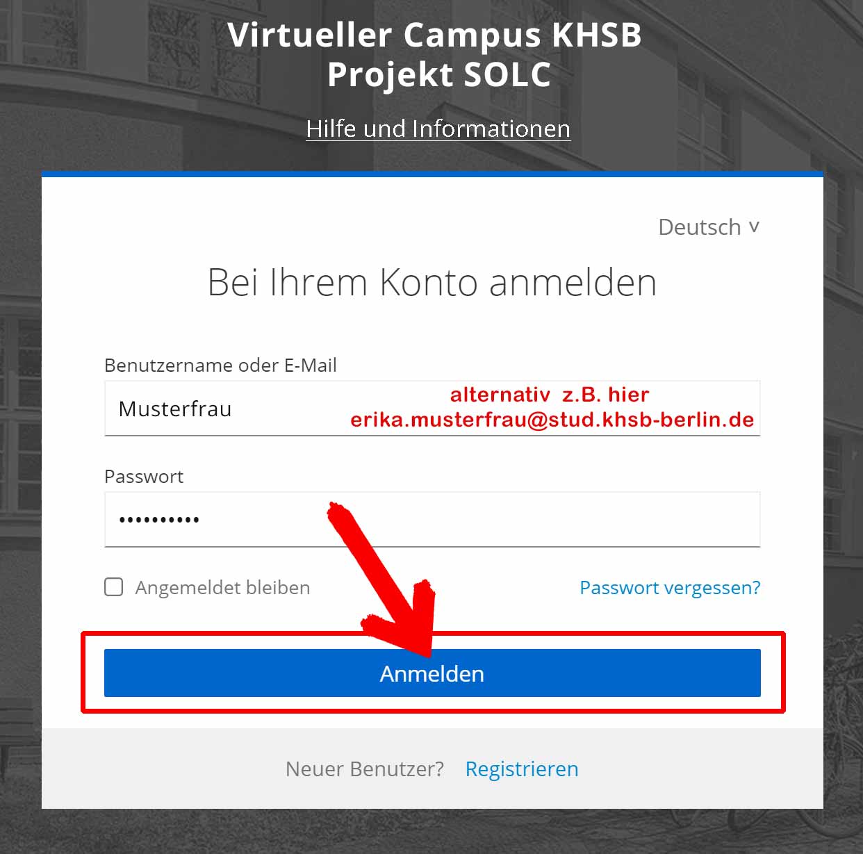 Loginseite mit Beispieldaten des VC unter visit.solc-khsb.de